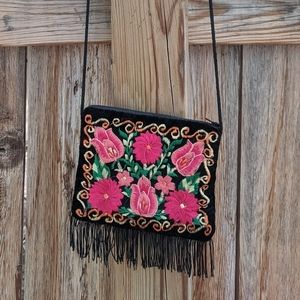 Embroidered floral black purse. Crossbody bag.